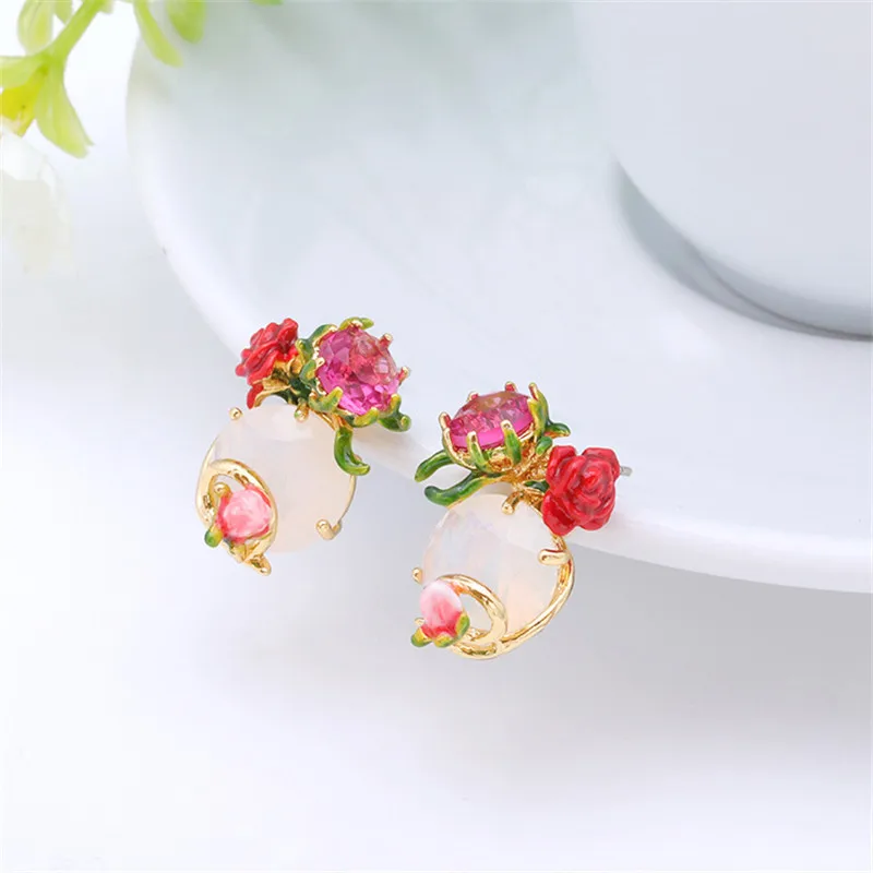 

925 silver needle earrings personality small fresh enamel red flower earrings temperament inlaid gemstone earrings ear hooks