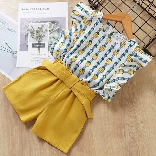 AZ1580 Yellow Bear Leader/комплект одежды для девочек, новая летняя детская одежда для девочек топ без рукавов и штаны с цветочным поясом, милый детский костюм - Цвет: AZ1580 Yellow