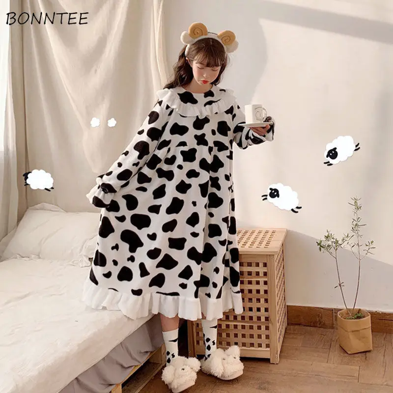 

Nightgowns Women Lovely Kawaii Print Winter Female Sleepshirts Sweet Homewear Comfortable BF Loose Fashion Mid-Calf Ruffles Cute
