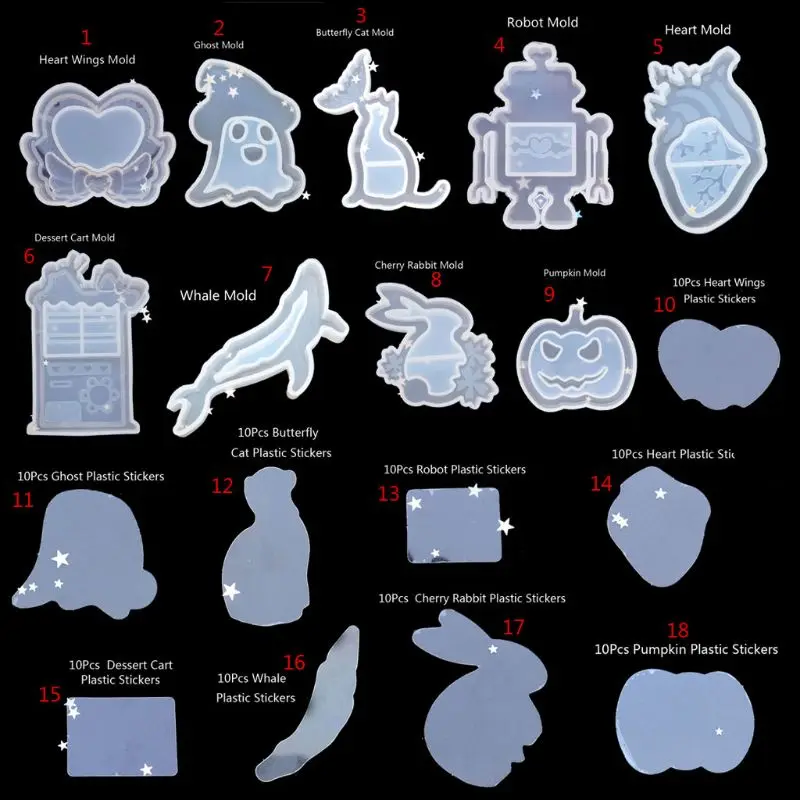 

9 Shapes New Arrival Whale Cat Heart Ghost Pumpkin Robot Quicksand Pendant Mold Resin Silicone Mold Jewelry Making Tools XXFD