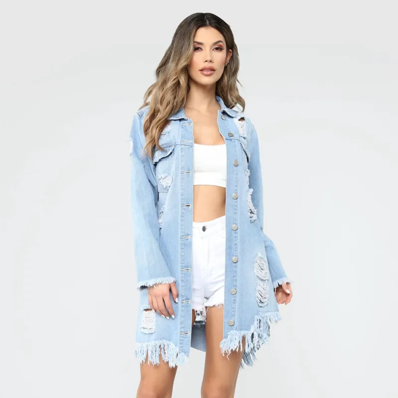 Light blue Модная Осенняя Сексуальная женская джинсовая куртка с дырками и кисточками, Женская свободная длинная куртка, верхняя одежда, пальто Casaco Feminino, уличная одежда - Цвет: Light blue