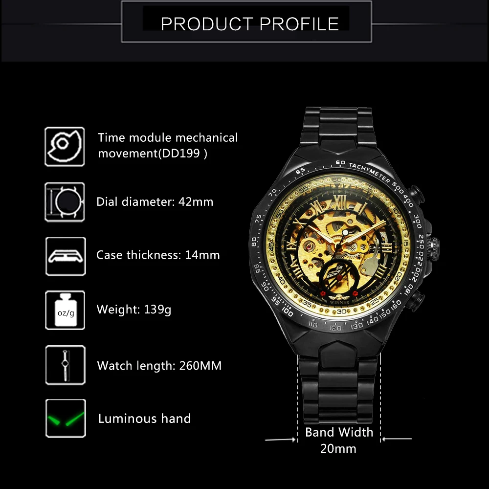 

Brand Luxury Gold Watch Men Automatic Mechanical Business Watches Skeleton Dial Steel Strap Classic Wristwatches