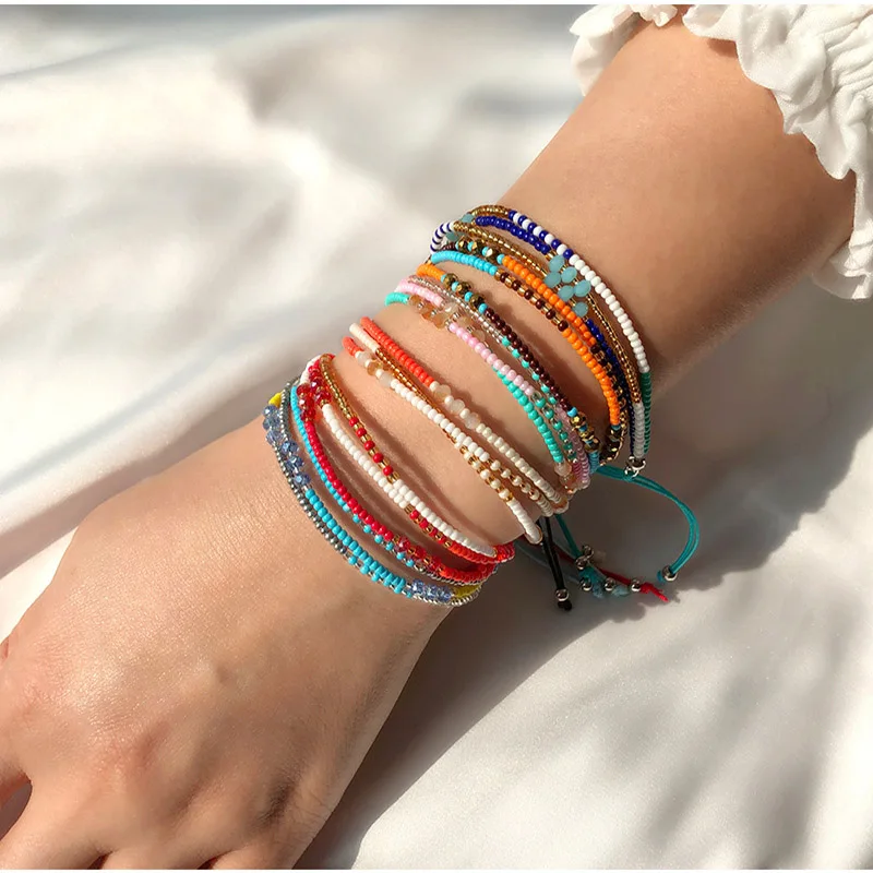 

Bohemian Color Bracelet Female DIY Braided Rope Handmade Beaded Millet Beads Crysta Ethnic Style Bracelets Accessories For Women