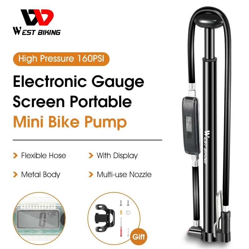 

WEST BIKING 160PSI Bike Floor Pump High Pressure Lcd Electronic Gauge Air Inflator Presta Schrader MTB Road Bike Cycling Pump