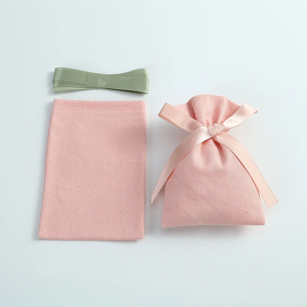 50pcs Pink Cotton Burlap Jewelry Bag Packing with Ribbon Organizer Wedding Christmas Party Candy Gift Bag Custom Logo Display