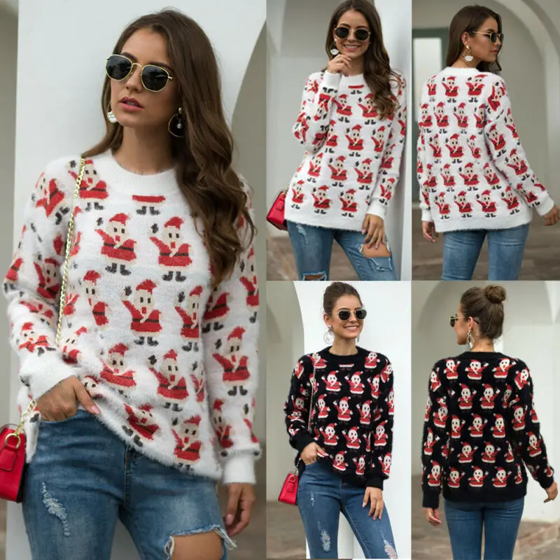 

US Fashion Trend Women's Santa Round Neck Long-Sleeved Sweater Loose Autumn Winter New Warm Knit Pullover casual Sweater blouses
