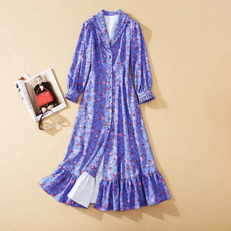 

Runway Fashion Autumn Dress Designer High Quality Long Sleeve V-Neck Ruffles Floral Print Party Holiday Trumpet Dress