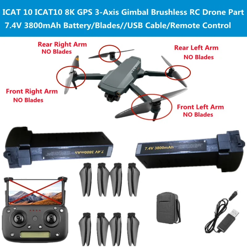 

ICAT 10 ICAT10 8K GPS 3-Axis Gimbal Smart Obstacle Avoidance Brushless RC Drone Spare Part 7.4V 3800mAh Battery/Blades/USB Cable