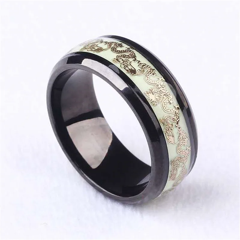 Green Luminous Ring Men Jewelry Golden Dragon Rings Vintage Glow In The Dark Ring Stainless Steel Tungsten Steel Glowing Rings