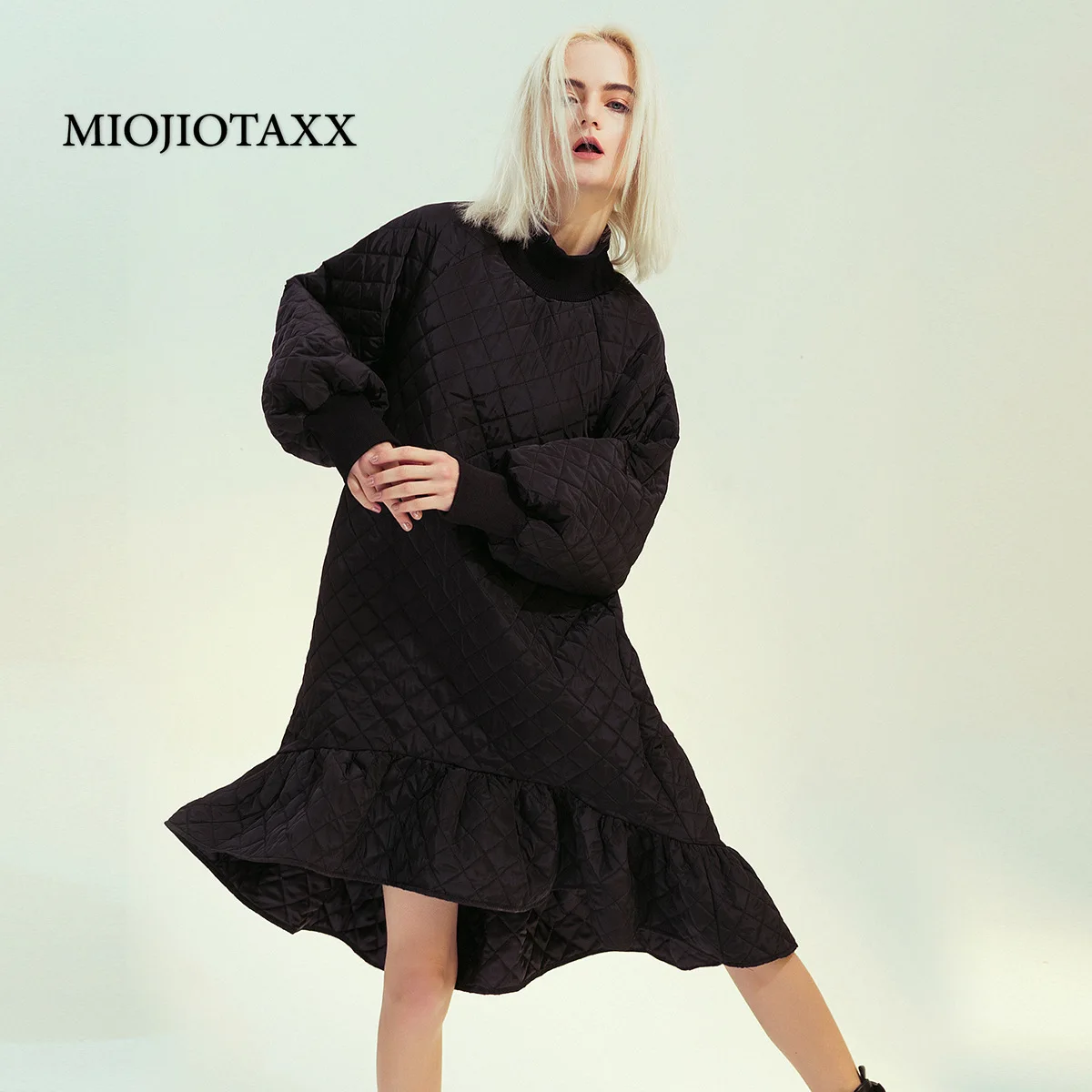 

Одежда MIOJIOTAXX осень зима 2022 ретро современный стиль высокий воротник Бриллиантовая решетка зажим хлопковое свободное хлопковое платье юбка...