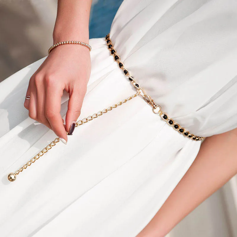 

Fashion Elegant Ladies Metal Adjustable Thin Ladies Waist Chain Women Strap Dress Belt Pearl Decorative Clothess Accessories