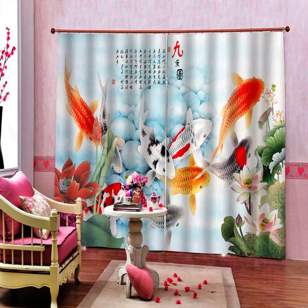 

Chinese style customize home windows Nine fish figure window curtain For living room bedroom home drapes