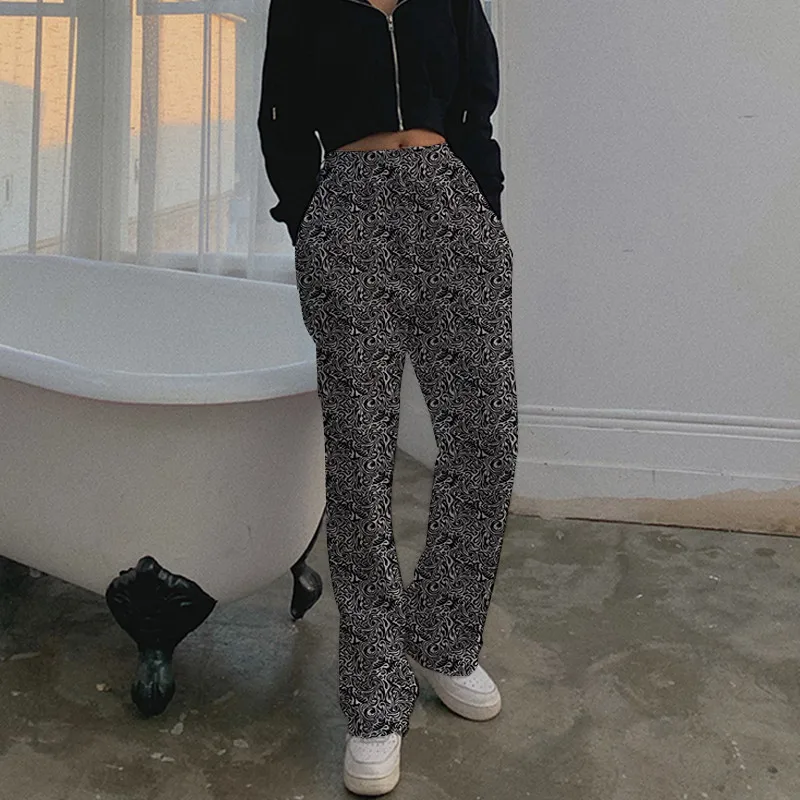 

Focal20 Streetwear Black and White Paisley Women Pants Elastic Waist Wide Leg Female Trousers Casual Loose Autumn Lady Bottoms