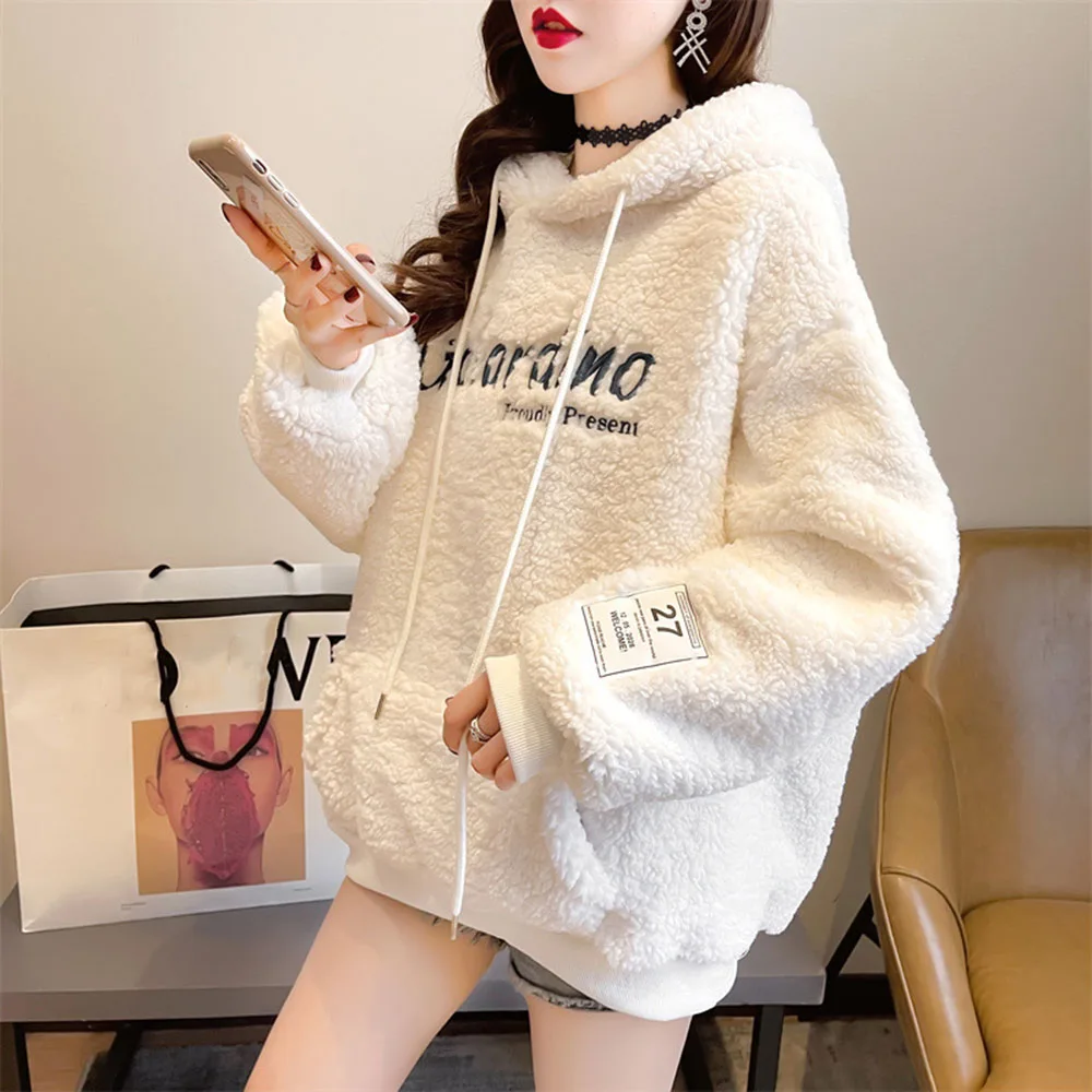 

Women's Winter New Hoodie Casual Fashion Simple Commuter Style Long Sleeve Pocket Letter Printing Solid Color Warm Thick Top