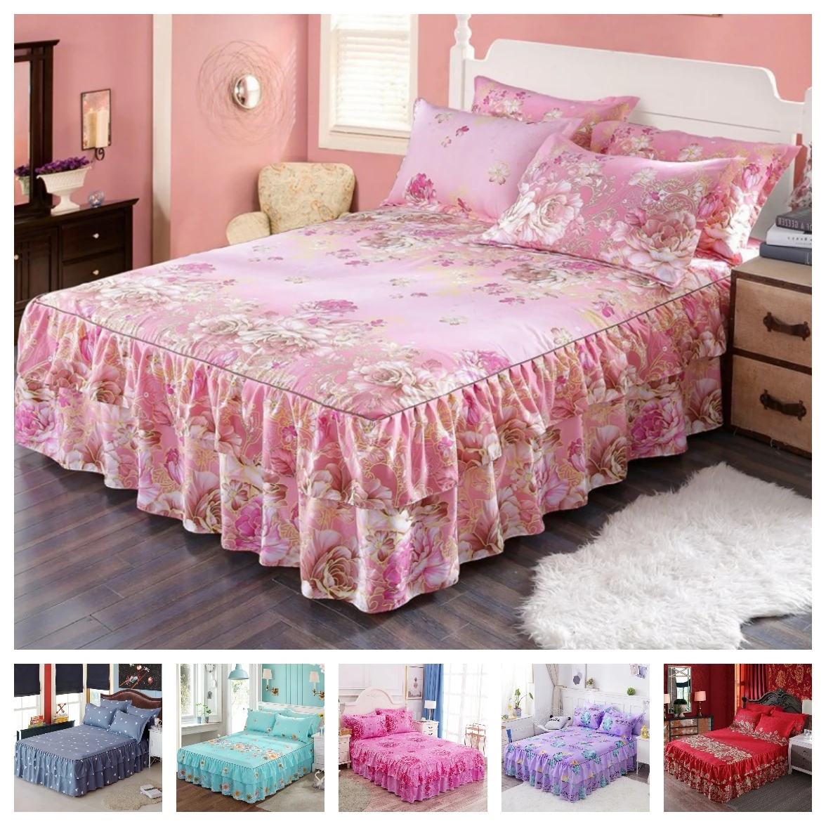 

2020 Bedding Simple Double Layers Ruffled Bed Skirt Pillowcases Bed Sheets Mattress Cover King Queen Full Twin Bed Cover