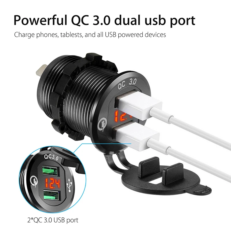5V 3A Dual USB Car Charger QC 3.0 Cigarette Lighter Socket Splitter Quick Charger Power Adapter Outlet 10A Fuse Metal DC 12V/24V