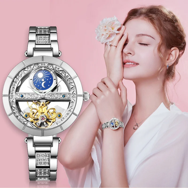 

New Women Mechanical Watches Fashion Skeleton Movement Leather Strap Ladies Automatic Wrist Watches For Women Montre Femme