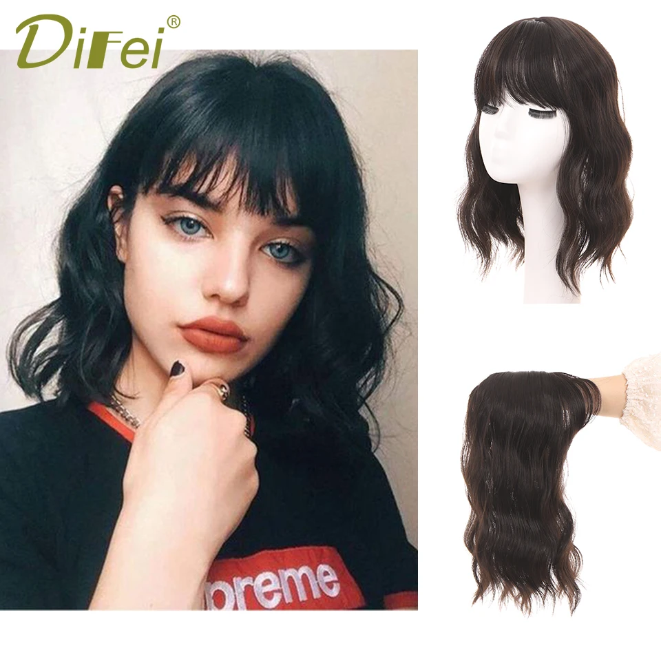 

DIFEI Short Curly Wig Water Ripple Reissue Block With Neat Bangs Women's Wigs Synthetic Hair Head Overhead Natural Invisible
