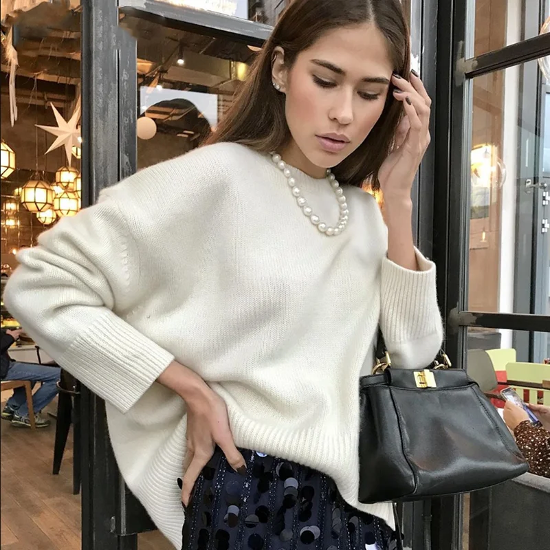 

Women Cashmere Sweater Oversized Knitted Jumper Vintage Sweater All Match Pullovers O Neck Top Loose Soft Female Knitwear Jumper