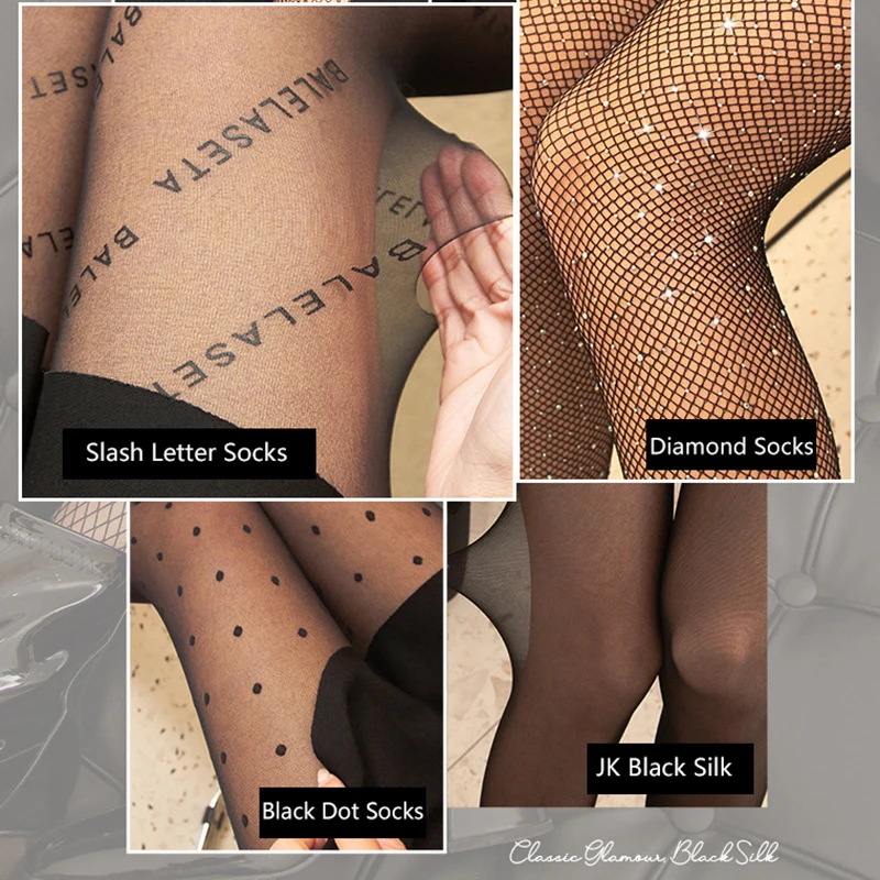 

Fashion Letter Sexy Stocking Summer Thin Compression Women Fishnet Pantyhose Black Dot JK Lace Over Knee Long Socks For Female