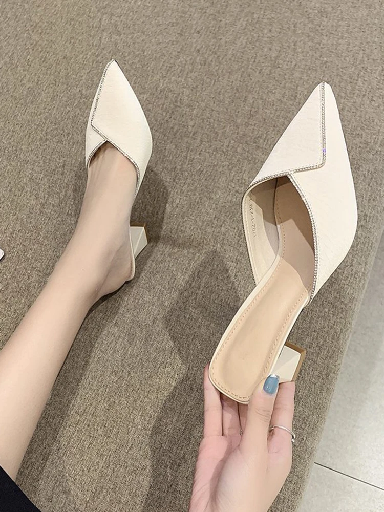 

Baotou Half Slippers 2021 New Fashion All-match Ladies Sandals Exquisite Rhinestone Pointed High Heels