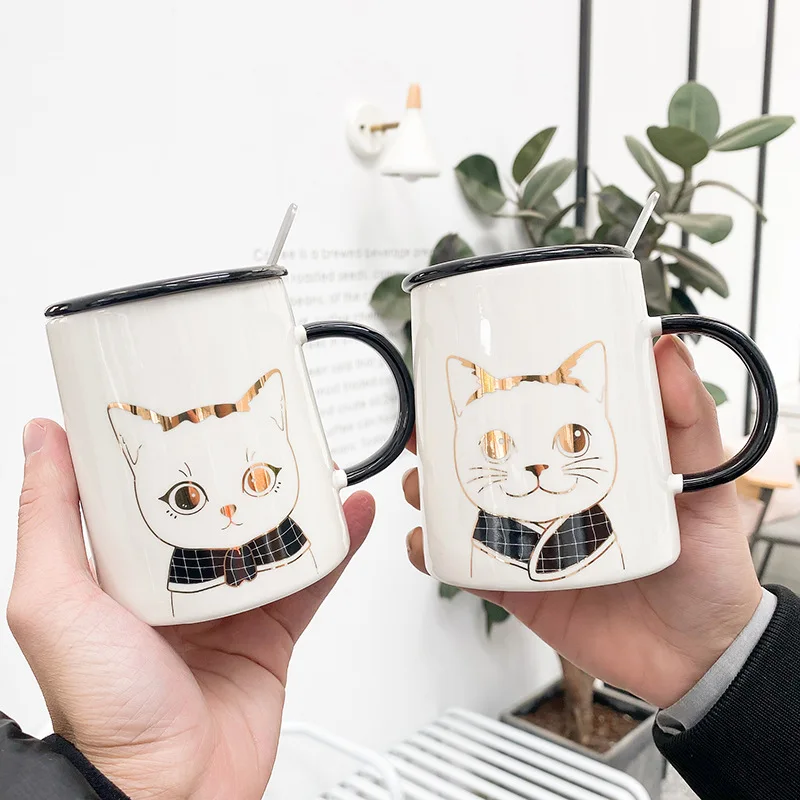 Ручная роспись золотые котята кружки с крышкой в виде ложки фарфоровая кофейная