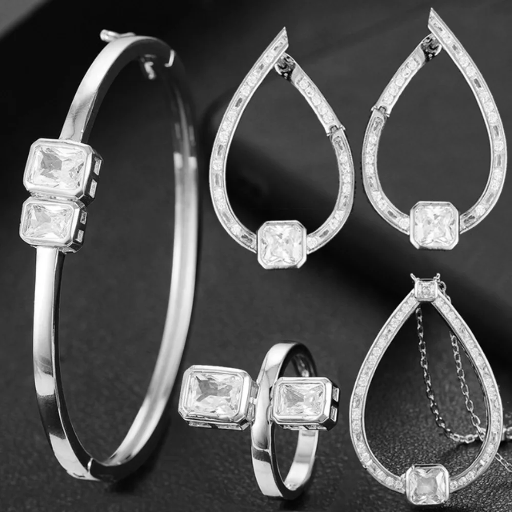 

Blachette Sweet Romantic Shiny Necklace Earrings Bangle Ring 4PCS Cubic Zirconia Bridal Women Wedding Jewelry Sets High Quality