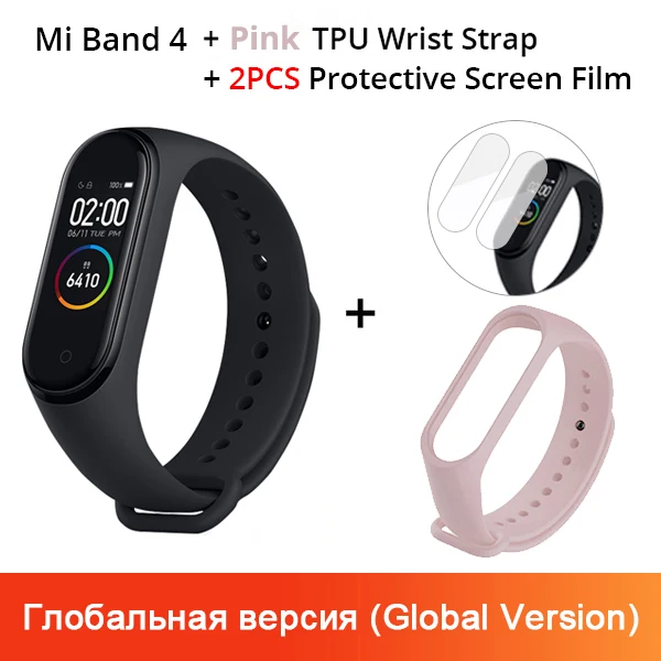 Xiaomi mi-браслет 4 смарт-браслет 3 AMOLED цветной экран mi Band 4 пульсометр фитнес Bluetooth Спорт 50 атм водонепроницаемый смарт-браслет - Цвет: Add Pink Strap