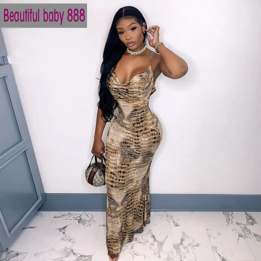 

Женское длинное платье-Русалка Meqeiss, элегантное облегающее платье с открытой спиной и змеиным принтом, пикантная уличная одежда на бретелях...