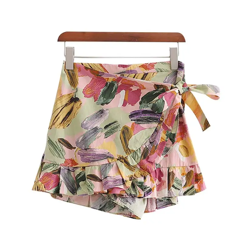 Vadim women fashion floral pattern shorts skirts ruffles bow tie elastic waist side zipper female sweet shorts SA183 - Цвет: as picture