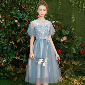Bridesmaid Dresses Elegant It's Yiiya R222 Short Sleeve Embroidery Lace Wedding Guest Dress Blue Tea Length Vestido De Festa Bridesmaid Dresses Elegant It's Yiiya R222 Short Sleeve Embroidery Lace Wedding Guest Dress Blue Tea Length Vestido De Festa
