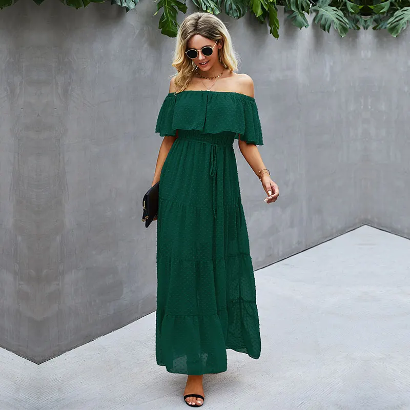 

2021 New Ladies Elegant Summer Lace Off The Shoulder Dress Women Casual Slash Neck Solid High Waist Long Dress Female