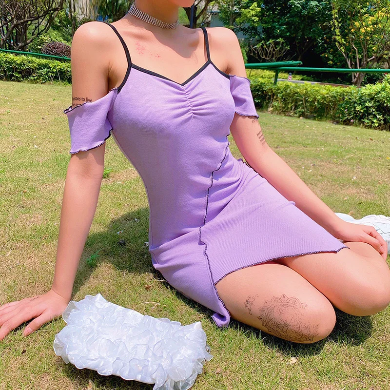

Purple Off the Shoulder Elegant Dress Slash Neck Asymmetric Hem Slim Bodycon Mini Dress Casual Party Summer Women Dresses