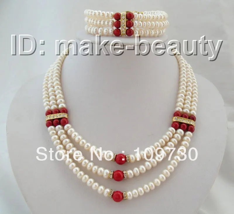 Ювелирные изделия 00264 Классические 3 ряда 8 мм барокко белый жемчуг Красный коралл