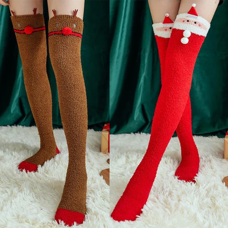 

Women Christmas Coral Velvet Thigh High Stockings Cute Santa Claus Elk Pattern Fuzzy Fluffy Plush Home Sleeping Over Knee Long