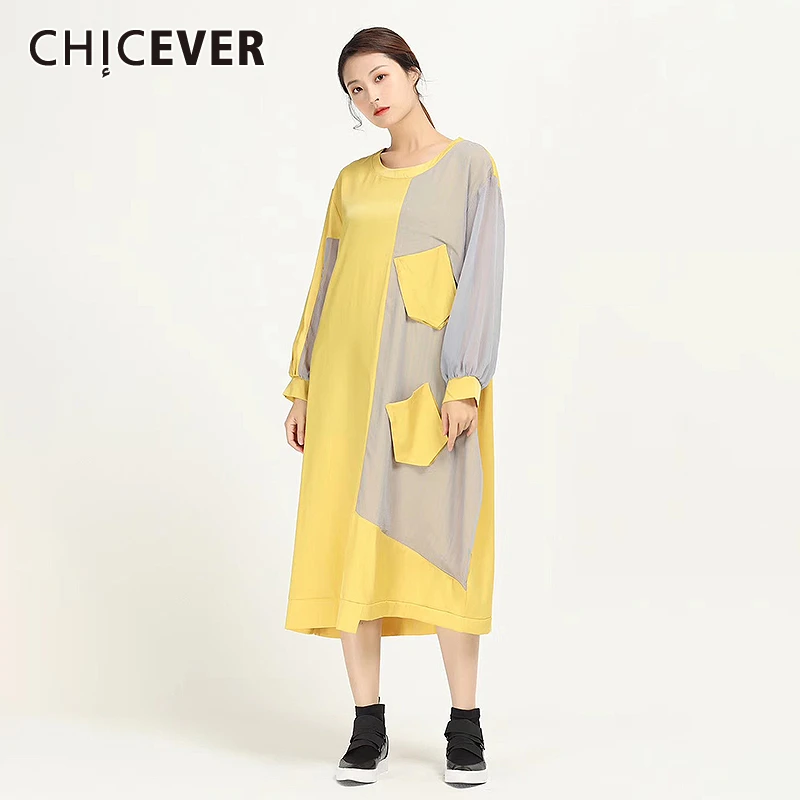 

CHICEVER Casual Hit Color Irregular Women Dress O Neck Lantern Long Sleeve High Waist Patchwork Dresses Female Clothing 2020 New