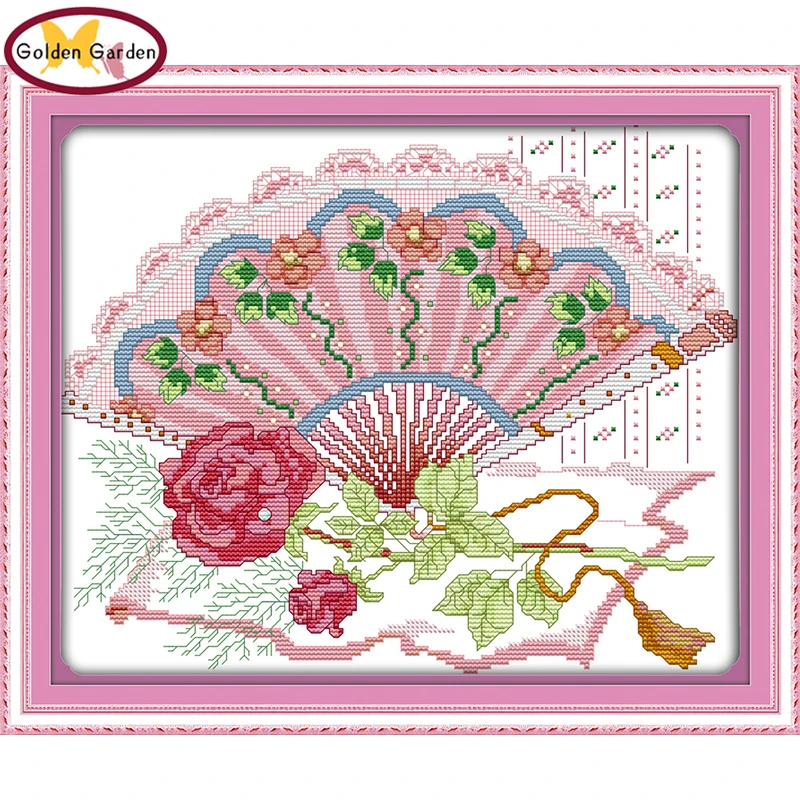 

GG A Rose Folding Fan Cross Stitch DIY 11ct 14ct Needlepoint Embroidery Set Chrinese Counted Cross Stitch Kits for Home Decor