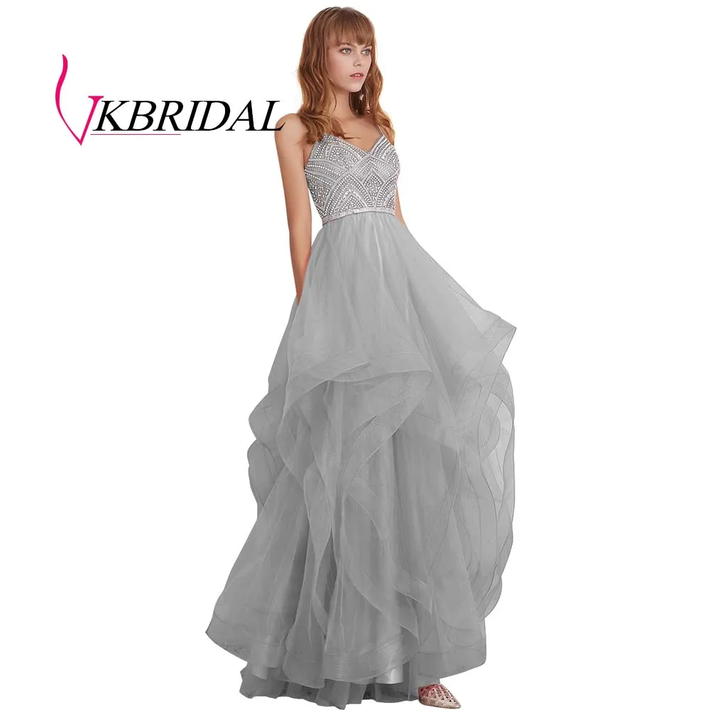 VKBRIDAL красные многоуровневые тюлевые платья для выпускного вечера новые Бальные платья с бисером и кристаллами официальное длинное вечернее платье - Цвет: Серебристый
