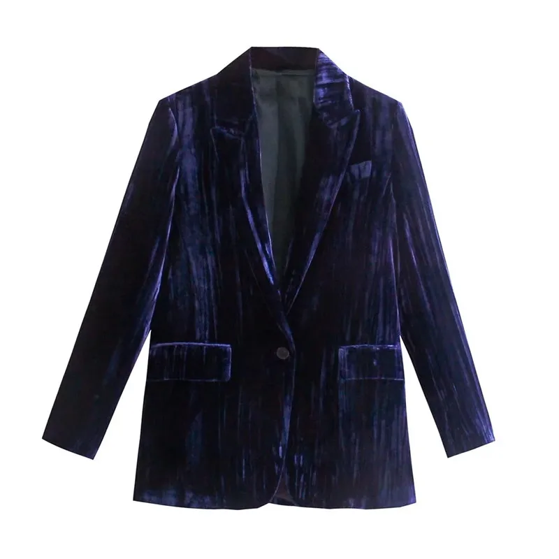 

TRAF Autumn 2021 Velvet Suit Oversize Blue Blazer Woman Wide Leg Trouser Velour Set Long Sleeve Office Women Elegant Suit