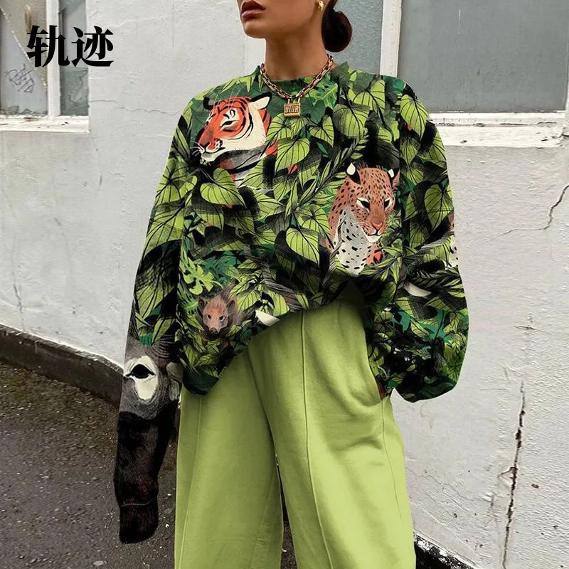 

2021 Women Matching Sets Animal Printing O Neck Sweatshirt Long Sleeve Loose Pullovers Pocket Pant Sets Two-piece Suit Women