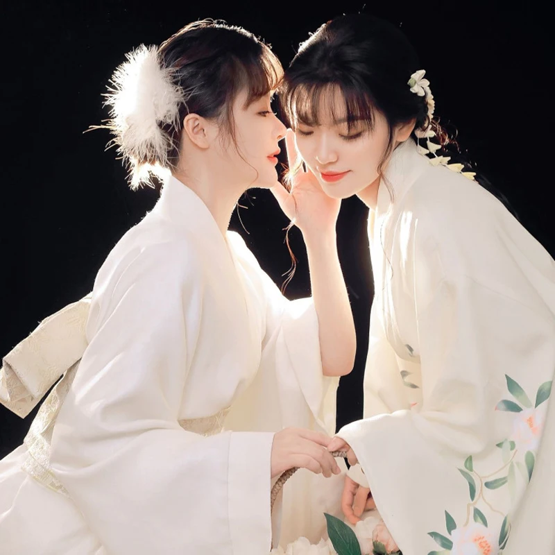 

Vintage Kimono for Women New Japanese Traditional Style God Girl Floral Printing White Long Robes Bow Belt Fashion Streetwear