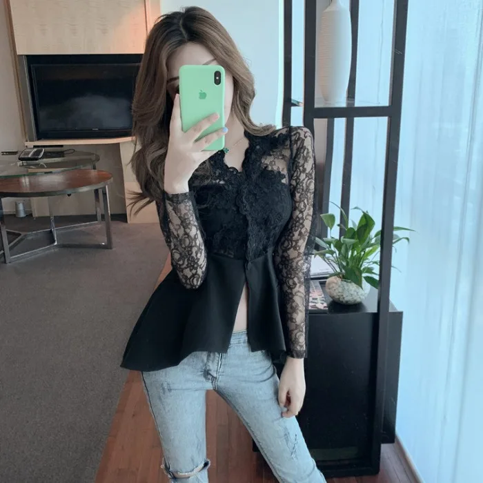 Весна Осень женская элегантная кружевная рубашка с длинным рукавом 2019 корейская