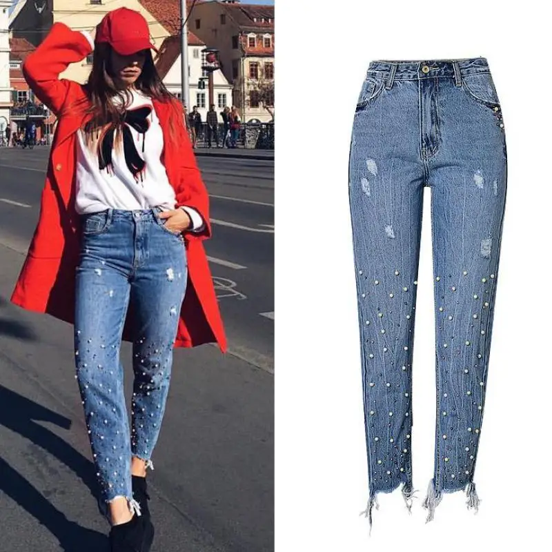 

2021 Fashion Women's High Waisted Jeans Slim Straight Tube Pearl 3-color Nail Irregular Hem Tassel Hole Denim Pants