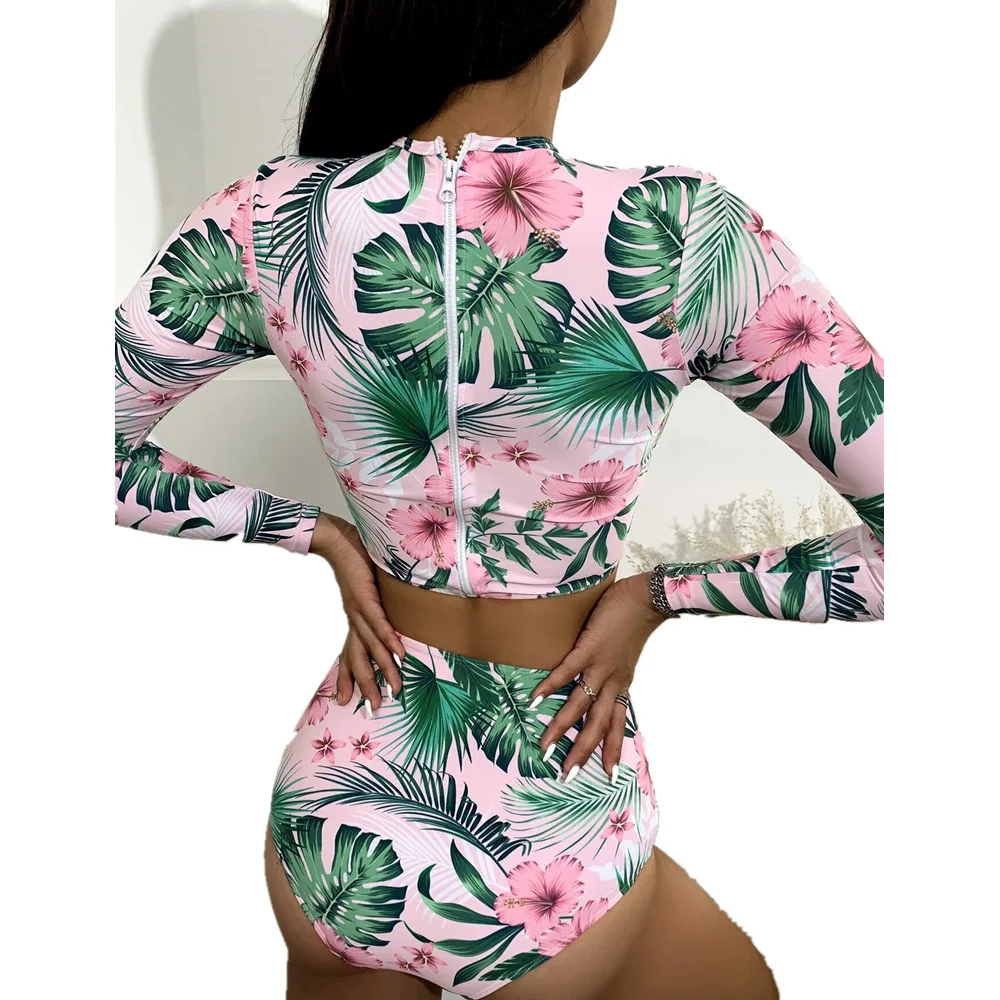 

2021 New Split Bikini Print Zipper High Waist Sexy Swimsuit Women Multicolor Long-sleeved Conservative Swimwear