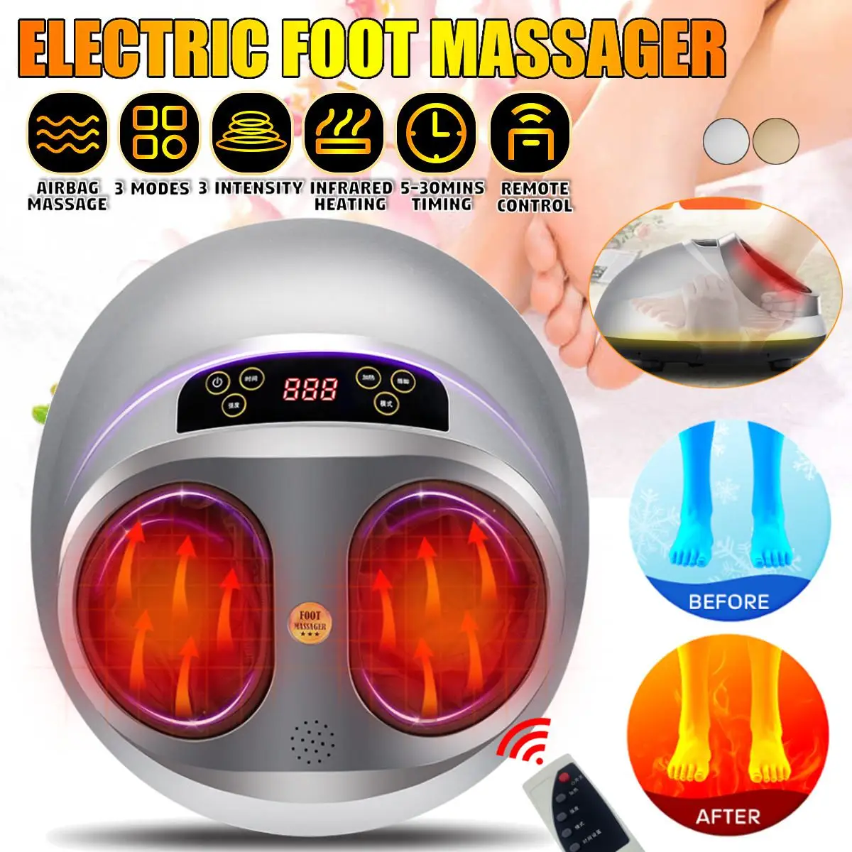 220VPersonal Health Infrared Electric Heating Shiatsu Reflexology Vibrating Roller Foot Massager Remote Multifunctional Massager