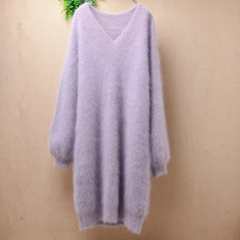 

female women fashion angora rabbit fur knit long lantern sleeves v-neck loose long pullover mink fur jumper sweater pull dress