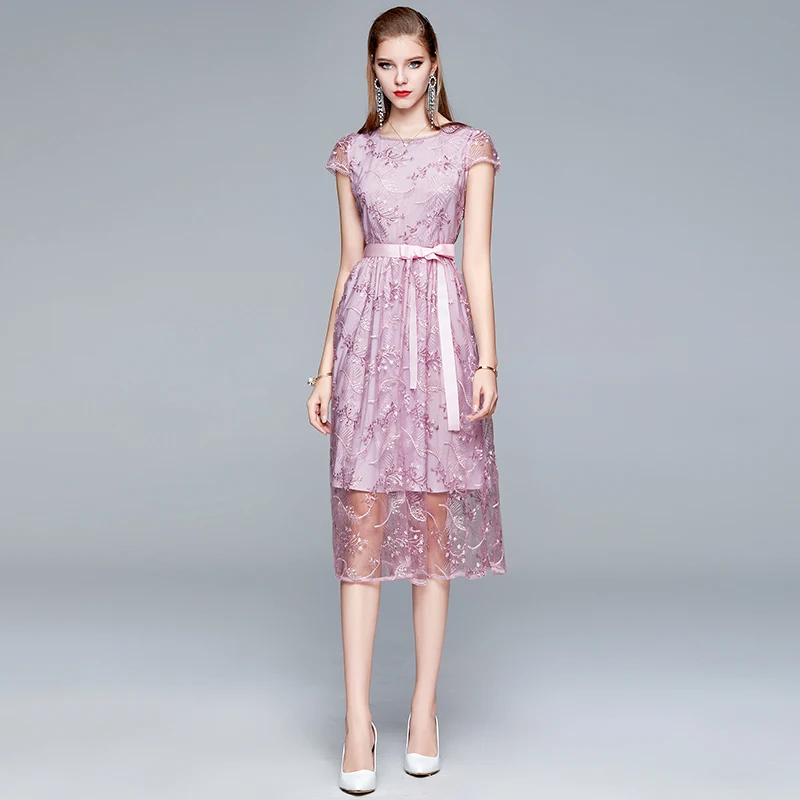 

Женское Сетчатое платье средней длины, элегантное винтажное розовое платье с цветочной вышивкой, круглым вырезом и бантом на шнуровке, 2021