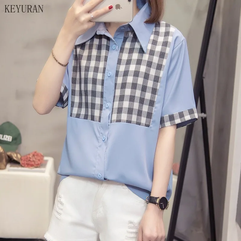 Размера плюс женские рубашки блузы модные 2021 летние кнопки с коротким рукавом в