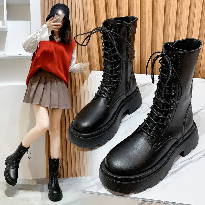 

Женские кожаные ботинки со шнуровкой, ботинки на среднем каблуке, женская зимняя обувь с круглым носком, до середины икры, В Стиле Лолита, Ос...