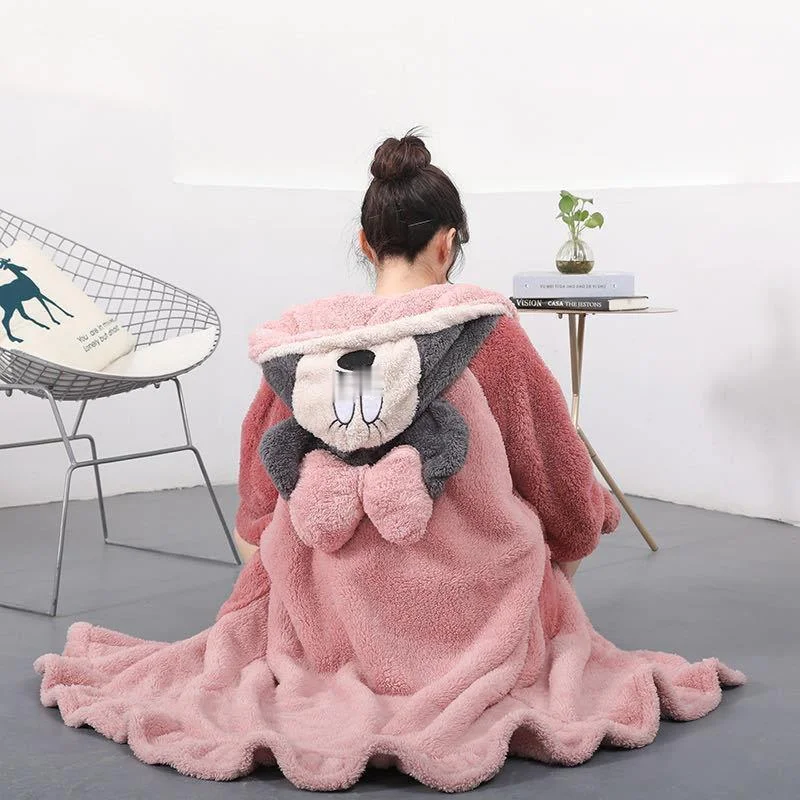 

Women's Pajamas Long Plush Coral Velvet Cute Nightgown Autumn and Winter Men's Pyjamas Home Service Hooded Sleepwear Fashion